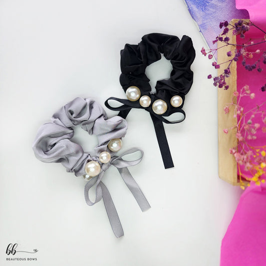 Pearl and Bow Satin Scrunchie