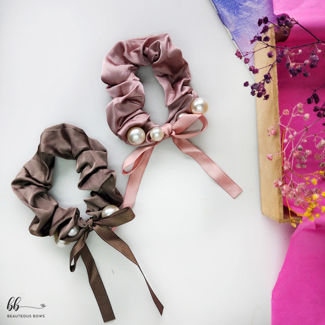 Pearl and Bow Satin Scrunchie