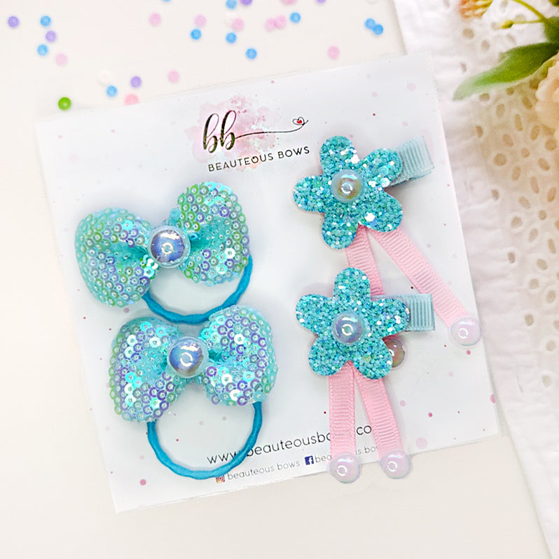 Sequin Bow & Flower Clip-Tie Set