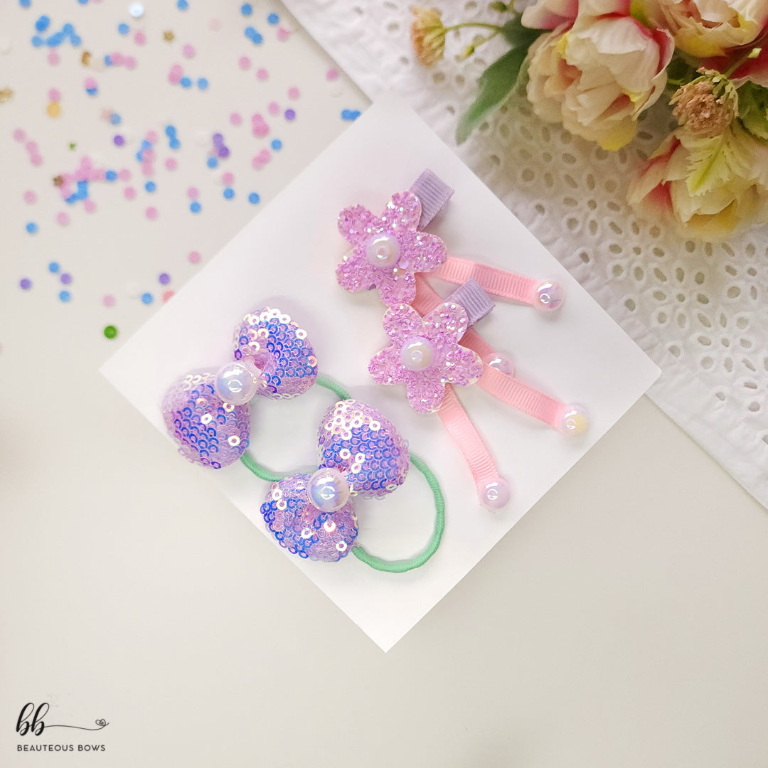 Sequin Bow & Flower Clip-Tie Set