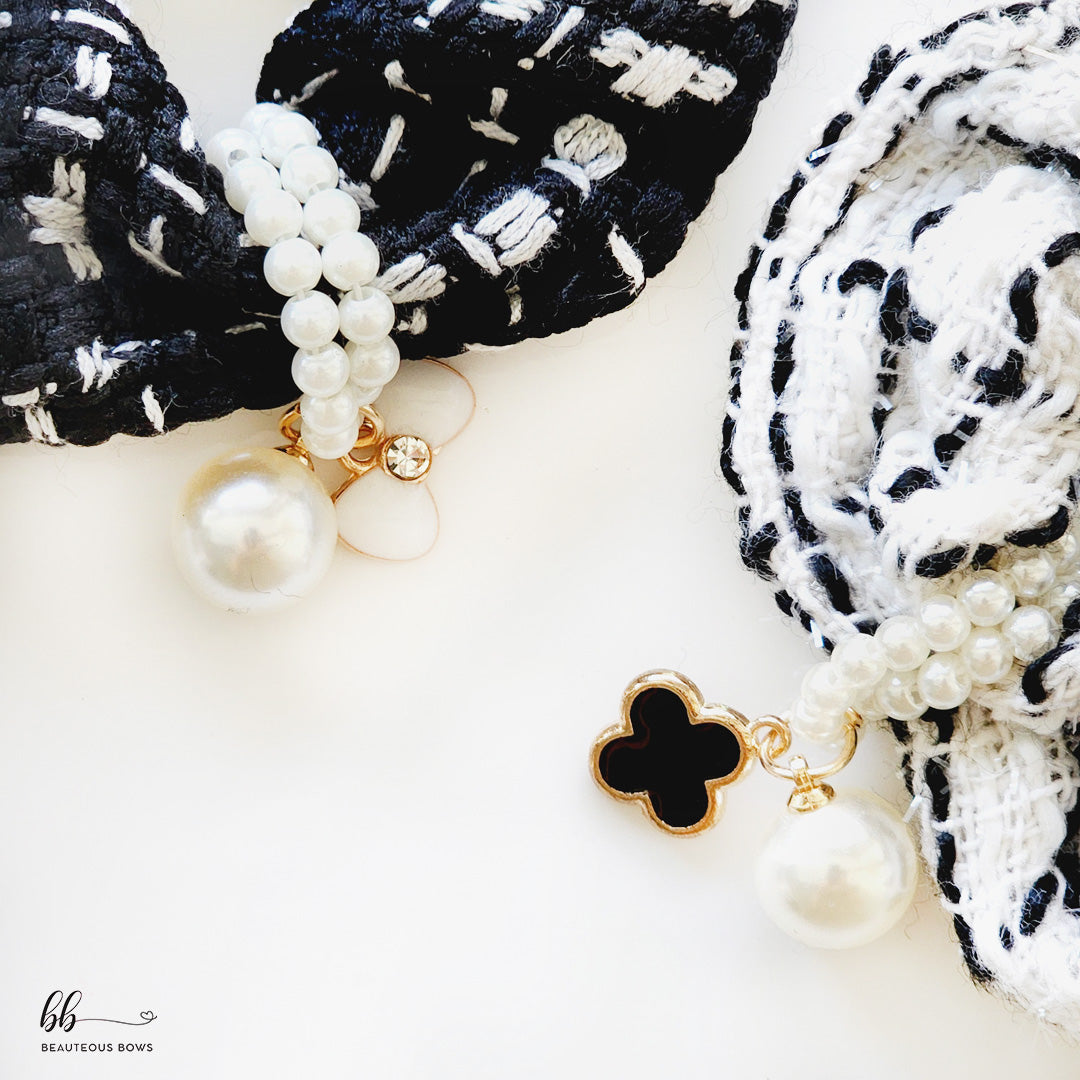 Woven White & Black Scrunchie Set with Charms