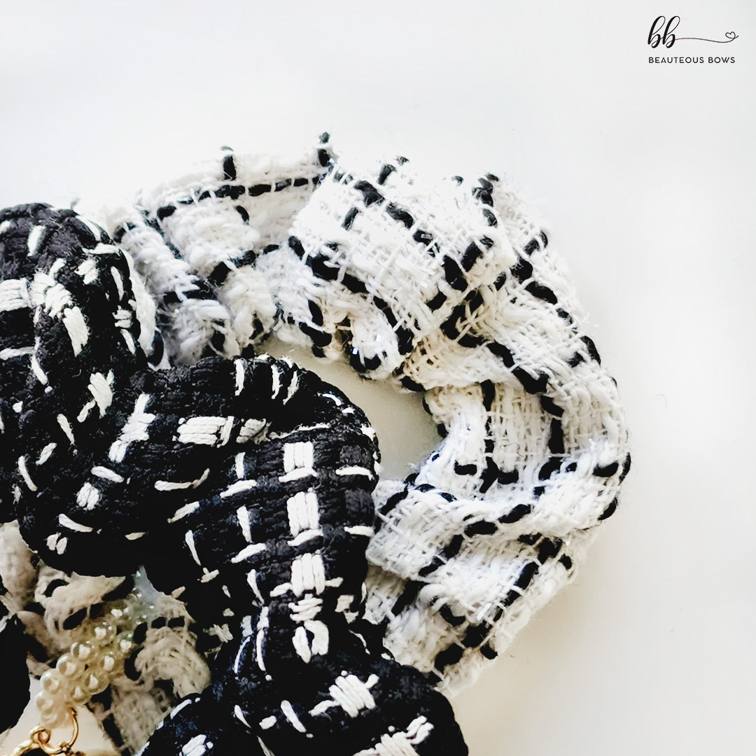 Woven White & Black Scrunchie Set with Charms