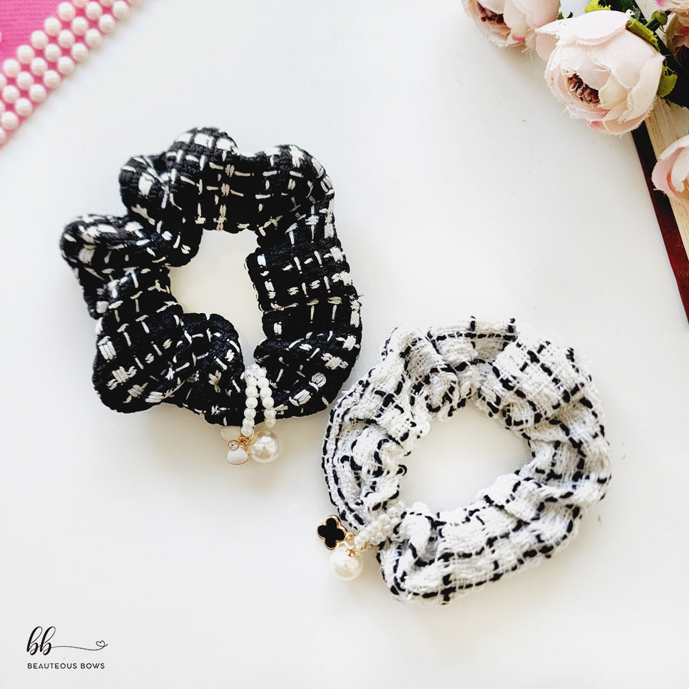 Woven White & Black Scrunchie Set with Charms