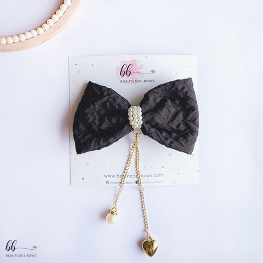 Black Dangling Heart Textured Bow